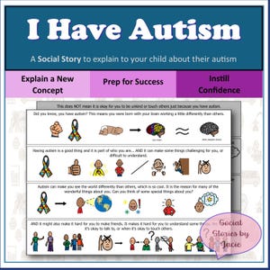 Puede incluir: Una historia social titulada "Tengo Autismo" que explica el autismo a los niños. La imagen presenta ilustraciones coloridas y las frases "Explicar un nuevo concepto", "Prepararse para el éxito" e "Inculcar confianza".