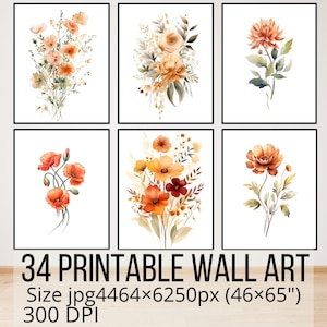 34 Printable Wall Art, Orange Flowers Collection, Unique Floral Designs, High-Resolution, Orange And Green Botanical Prints