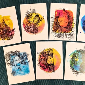 Femmes 1 - Grande Carte A5 : 15 x 21 cm - Portraits de femmes et nature originaux et inspirés - Dessin, peinture - Encre et aquarelle