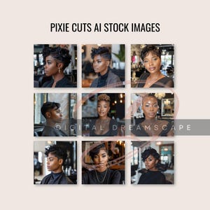 Puede incluir: Una colección de nueve imágenes que muestran varios peinados pixie en mujeres negras. Las imágenes están en un diseño de cuadrícula, cada una con un estilo y modelo diferente. El texto "PIXIE CUTS AI STOCK IMAGES" está en la parte superior.