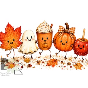 May include: A watercolor illustration featuring five anthropomorphic characters: a maple leaf, a ghost, a coffee cup with whipped cream, a pumpkin with a plaid bow, and a candy apple. The text Daysi Reyna Creaciones is visible at the bottom left.