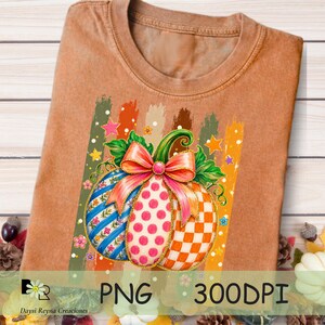 Preppy Fall Pumpkin PNG | Colorful Pumpkin Bow Sublimation | Patchwork Autumn Pumpkin | Coquette Fall Shirt Design | Thanksgiving PNG