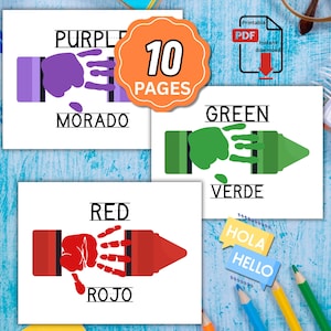 May include: A set of 10 printable educational pages featuring illustrations of crayons in purple, green, and red. Each page displays the colour name in English and Spanish, accompanied by a handprint graphic. An orange badge indicates 10 pages.