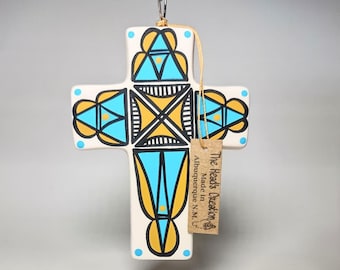 Ceramic Cross Ornament Painted Gold and Sky Blue SOLD INDIVIDUALLY Made in New Mexico