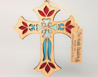 Cross Suncatcher Ornament Red Turquoise and Iridescent