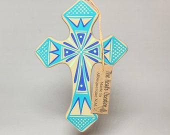 Ceramic Cross Ornament Painted Tan and Turquoise SOLD INDIVIDUALLY Made in New Mexico