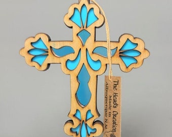 Cross Suncatcher Ornament Turquoise and Iridescent