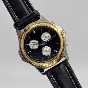 Vintage Oberholzer AG Quartz Chronograph Watch, Men&#39;s Elegant Black Dial, Gold-Toned Bezel, Leather Strap, Timeless Style