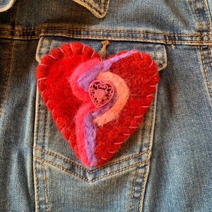 Needle Felted Valentine Heart Pin, Embroidered Heart with Charm, Felted Heart Brooch, Alpaca Wool