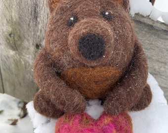 Needle Felted Alpaca Wool Brown Bear with Heart