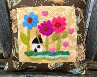 Needle Felted Pillow with House, Hearts, and Flowers