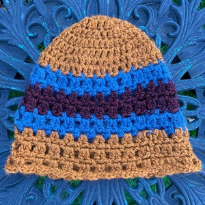 Mustard, Denim, Burgundy Striped Alpaca Hat, Hand Crocheted Winter Cap, Ready to Ship