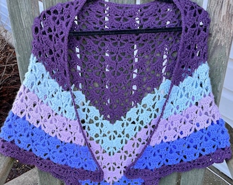 Triangular Alpaca Shawl, Crocheted Shawl, Alpaca Wrap, Pure Alpaca, Purples and Blues