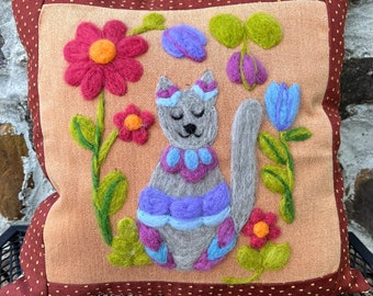 Needle Felted Decorative Pillow with Gray Cat and Flowers