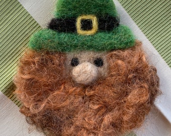 Needle Felted Alpaca Wool St Patrick&#39;s Day Leprechaun Brooch with Mohair Beard