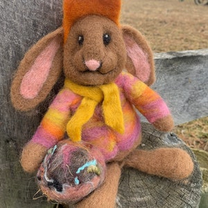 Needle Felted Bunny Rabbit with Cap, Sweater, and Scarf, Collectible