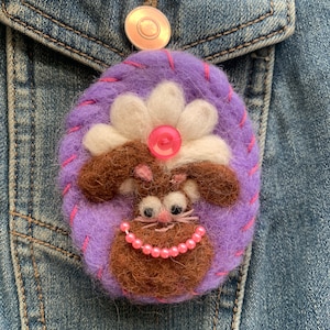 Felted Brown Bunny Brooch with Button and Beads, Needle Felted Pin, Alpaca Wool, Easter Gift
