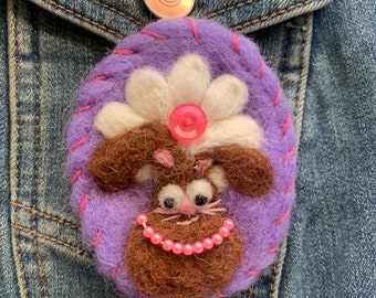 Felted Brown Bunny Brooch with Button and Beads, Needle Felted Pin, Alpaca Wool, Easter Gift