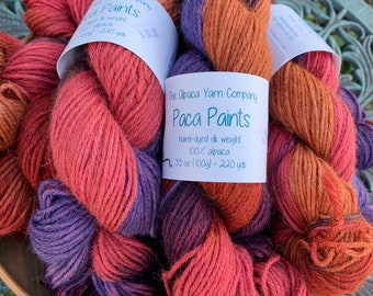 100% Alpaca Yarn, DK Weight, Hand Dyed, 220 Yards, 3.5 Ounces, Paca-Paints, Knitting, Crochet, Weaving, Felting, "Marti Gras"