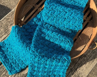 Blanket Stitch Alpaca Scarf, Turquoise Sea, Hand Crocheted