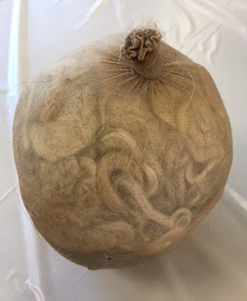 May include: A beige mesh bag filled with what appears to be hair or fiber. The bag is gathered at the top and tied, forming a small, knotted closure. The contents are visible through the mesh.