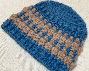 Two Tone Blue and Tan Alpaca Baby Hat, 6-12 Months, Ready to Ship