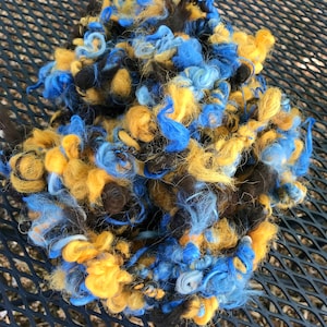 Alpaca Art Yarn, Hand Spun, 12 Yards, Hand-Dyed, Citrus, Cornflower, Dark Brown