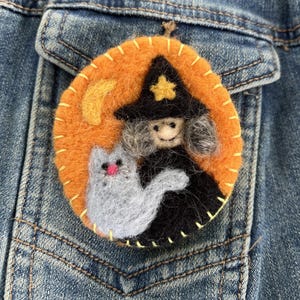 Needle Felted Witch Pin with Cat and Moon, Needle Felted Halloween Brooch