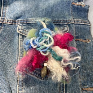 Fiber Art Brooch: Curly Wool, Vintage Earring, Wearable Art Pin