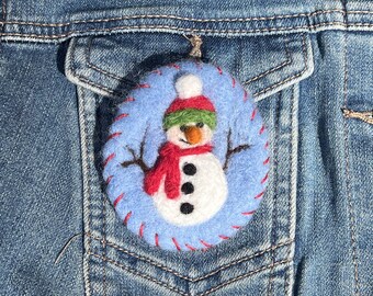 Felted Snowman Brooch, Needle Felted Christmas Pin