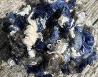 Hand-spun Art Yarn, Suri Alpaca Mohair, Super Bulky, "Blue Jean Baby"