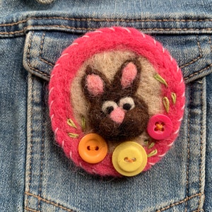 Felted Brown Bunny Brooch with Buttons, Needle Felted Pin, Alpaca Wool