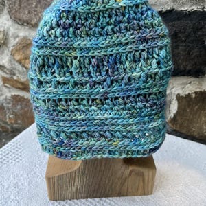 Hand Crocheted Alpaca Hat in Tahiti, 100% Alpaca Yarn, Turquoise, Blue, with Hints of Green and Purple, Soft, Lightweight, Hypoallergenic