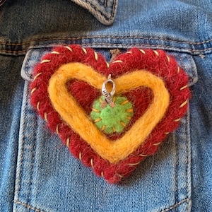 Felted Heart Pin, Embroidered Heart with Hope Charm, Needle Felted Heart Brooch, Alpaca Wool