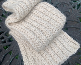 Hand Crocheted Cream Alpaca Ribbed Scarf, Simplemente Yarn, Made to Order