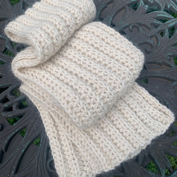 Cream Alpaca Scarf, Hand Crocheted, Ribbed Scarf, Ready to Ship