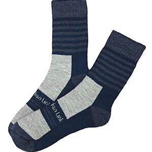 May include: A pair of blue and gray striped socks with a gray heel and toe. The socks have the text "Iron Link" on the side.