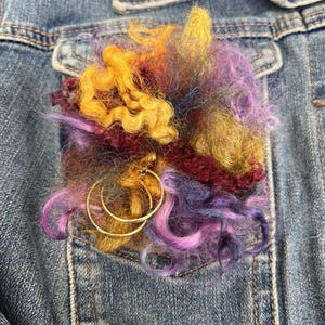 Fiber Art Brooch: Curly Wool, Repurposed Earring, Wearable Art Pin