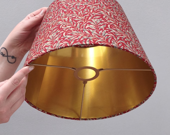 Conical Red William Morris Willow Bough Lampshade with Luxurious Gold Interior