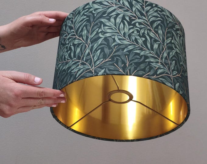 Handmade William Morris Nude Green Lampshade - Willow Bough Design with Gold Interior
