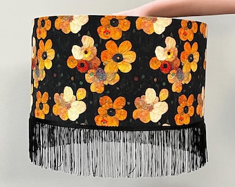 Luxury Lampshade with Orange and Yellow Flowers With Black Fringe- Handcrafted Design on Black Base - Lampshade For Table Lamp or Pendant