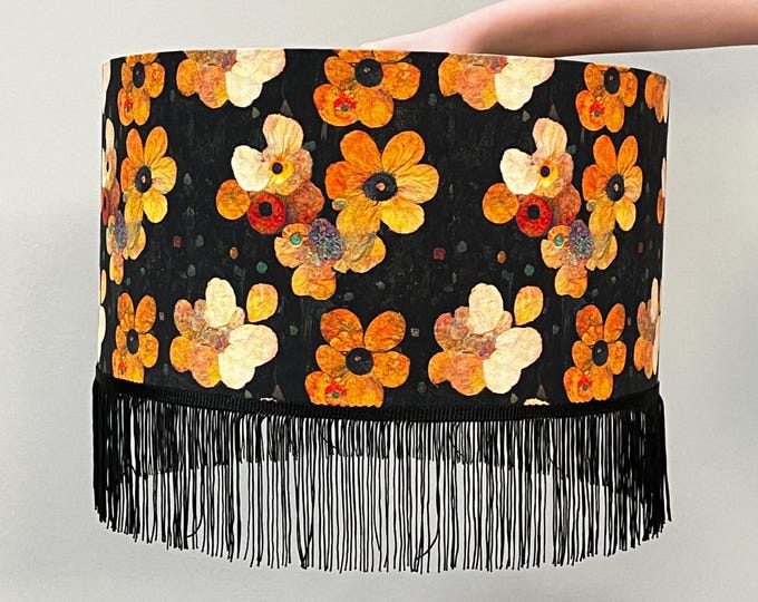 Luxury Lampshade with Orange and Yellow Flowers With Black Fringe- Handcrafted Design on Black Base - Lampshade For Table Lamp or Pendant