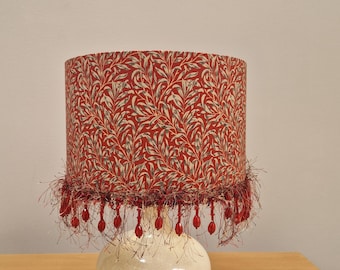 Red William Morris Willow Bough pattern Lampshade with red beads fringe