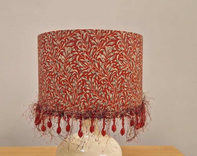 Red William Morris Willow Bough pattern Lampshade with red beads fringe