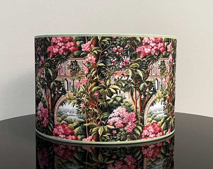 Pink Flower Garden Lampshade With Light Green Ribbon- Mystical Home Decor - Handcrafted Lampshade - Lampshade For Table Lamp or Pendant
