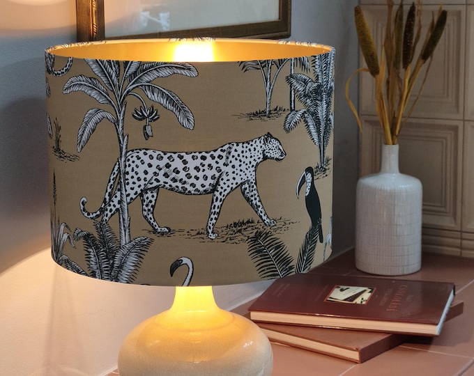 Jungle-Inspired Gold Lampshade - Tropical Design with Gold Lining