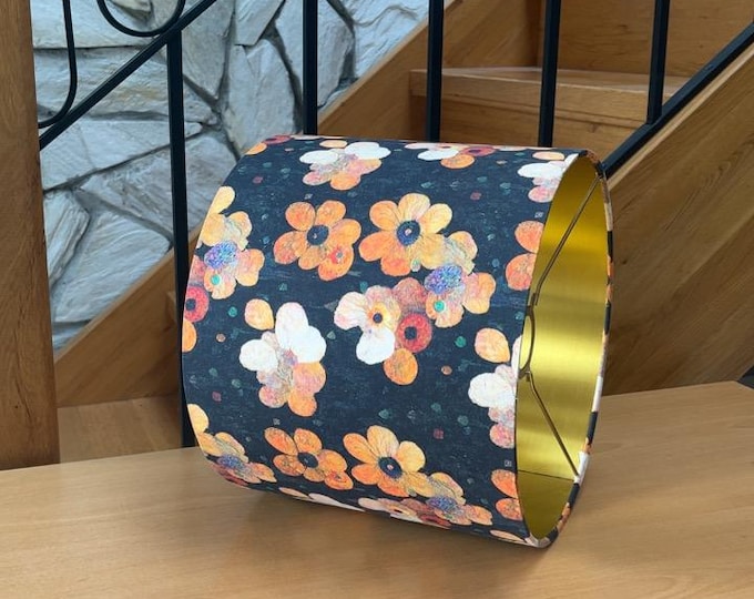 Luxury Lampshade with Orange and Yellow Flowers - Handcrafted Design on Black Base - Lampshade For Table Lamp or Pendant