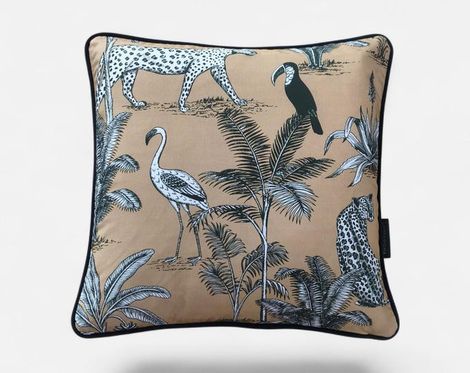 Exotic Jungle Cushion Cover - Velvet Gold Back & Black Piping Accent