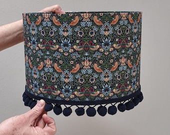 Handmade Gold Lined Lampshade - William Morris Strawberry Thief Design with navy blue pom-pom