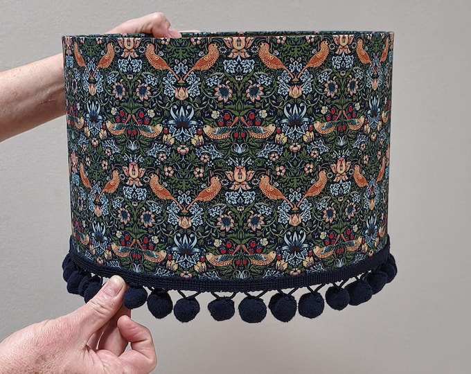 Handmade Gold Lined Lampshade - William Morris Strawberry Thief Design with navy blue pom-pom